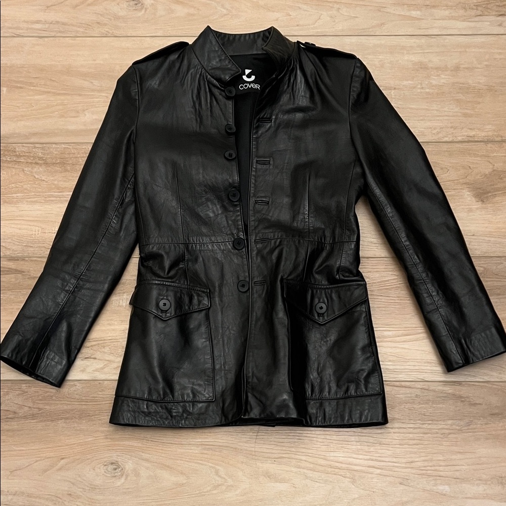 COVER FX Black Leather Jacket with Button Accents